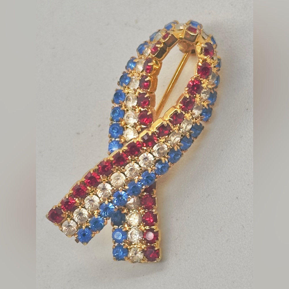 Red White Blue Rhinestone Ribbon Brooch Pin Swarovski Crystal July 4 Patriotic